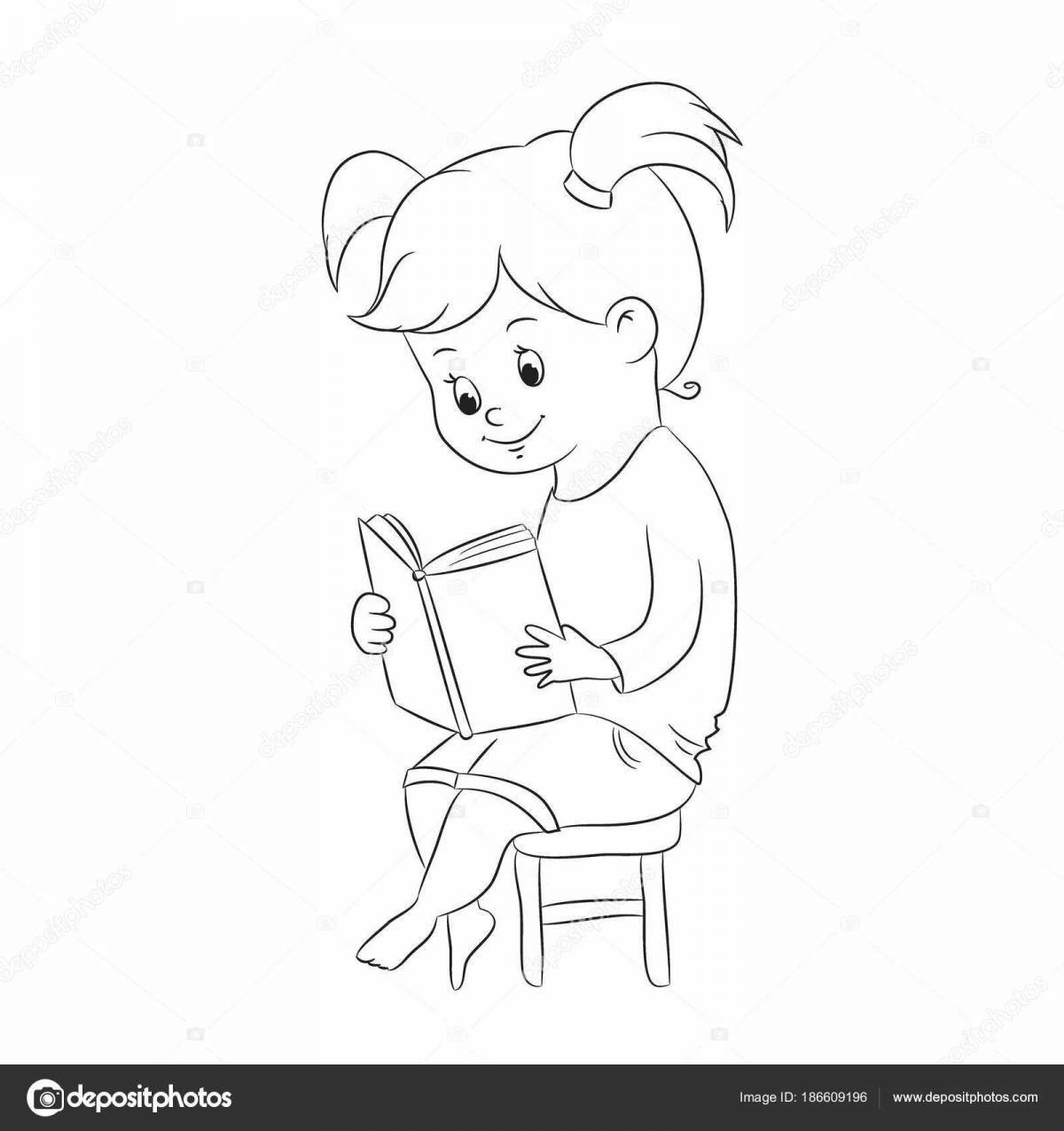 Прилежная девочка, читающая книжку-раскраску