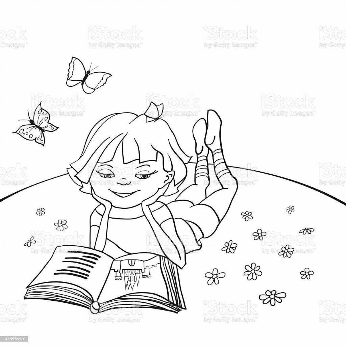 Расслабленная девочка, читающая книгу раскраска