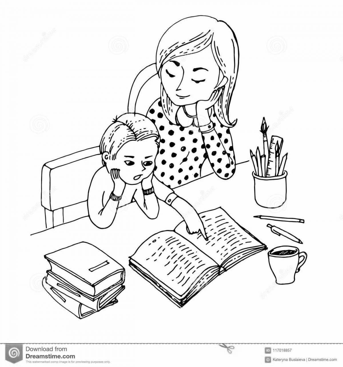 Анимированная девочка, читающая книгу раскраска
