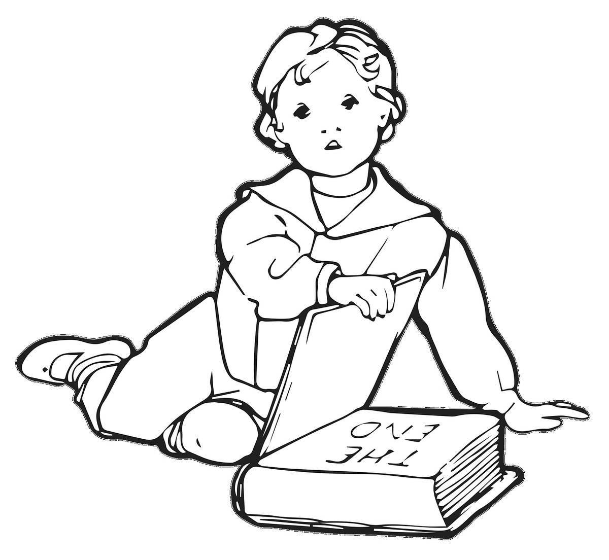 Задумчивая девочка, читающая книгу раскраска