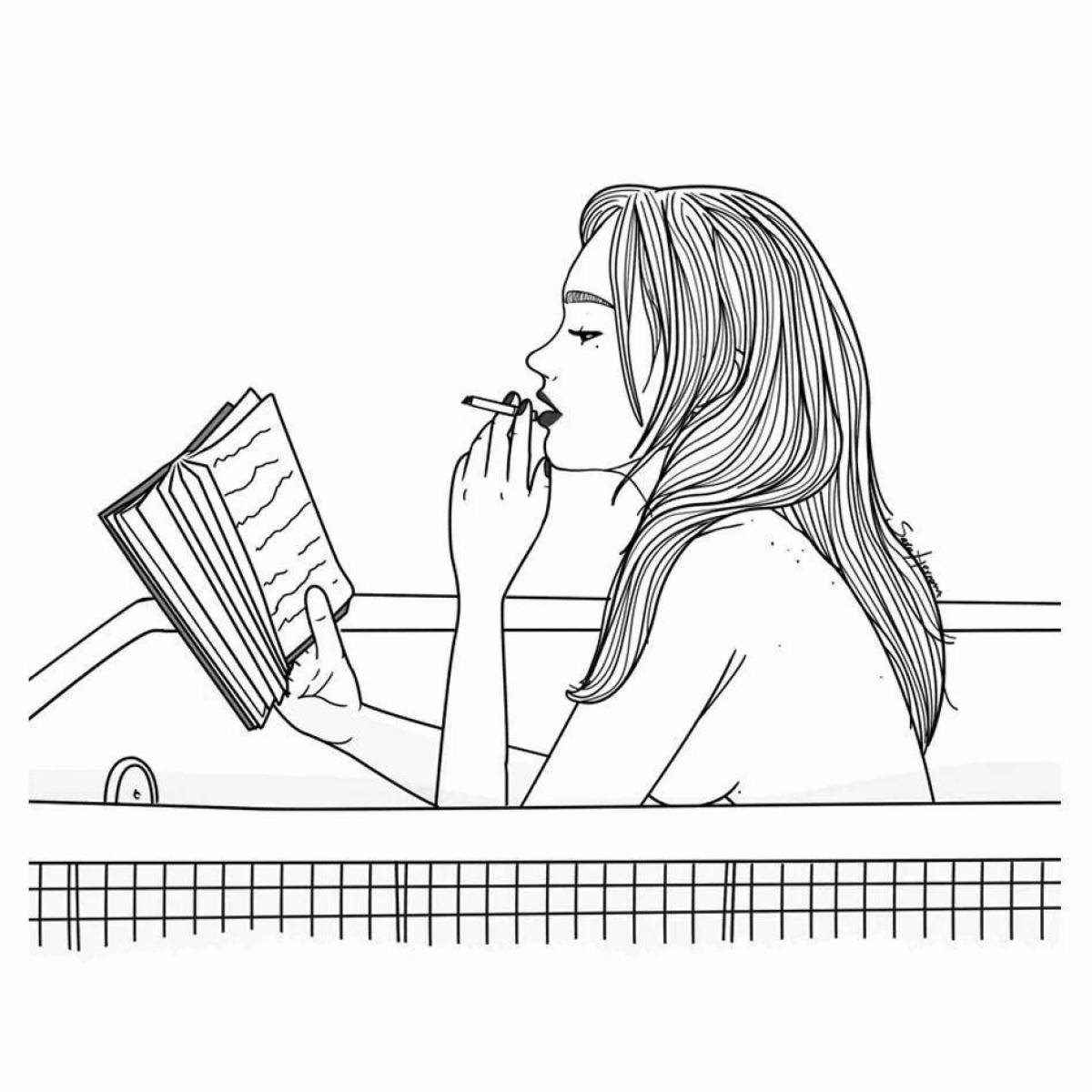 Coloring page inquisitive girl reading a book