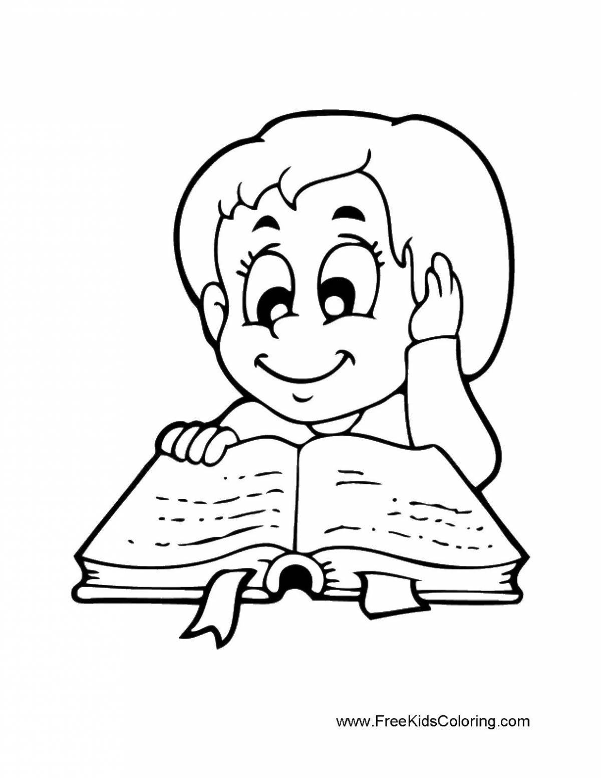A dreamy girl reading a coloring book