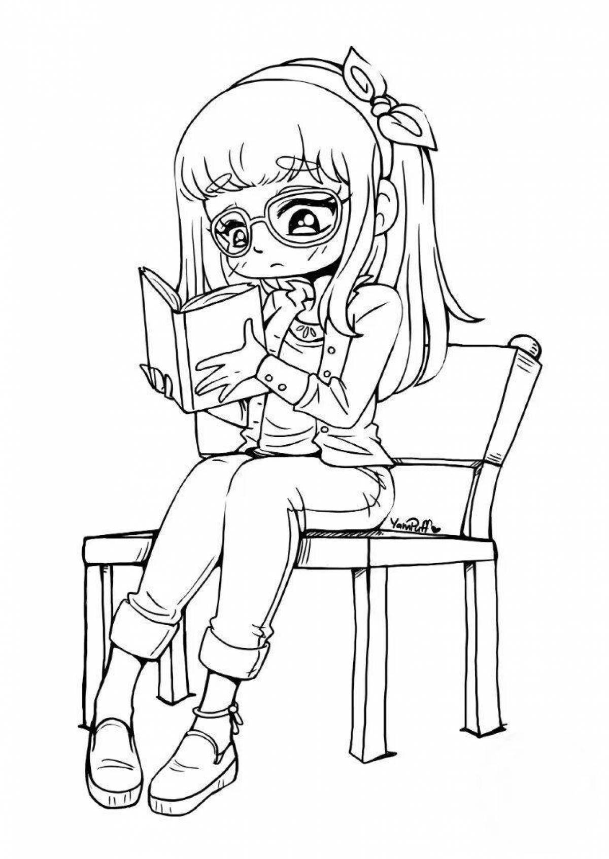 Вдохновленная девочка, читающая книгу-раскраску