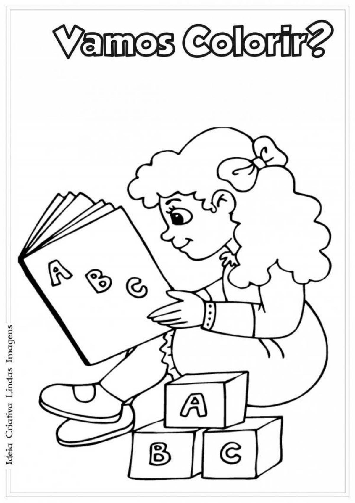 Креативная девочка, читающая книгу раскраска