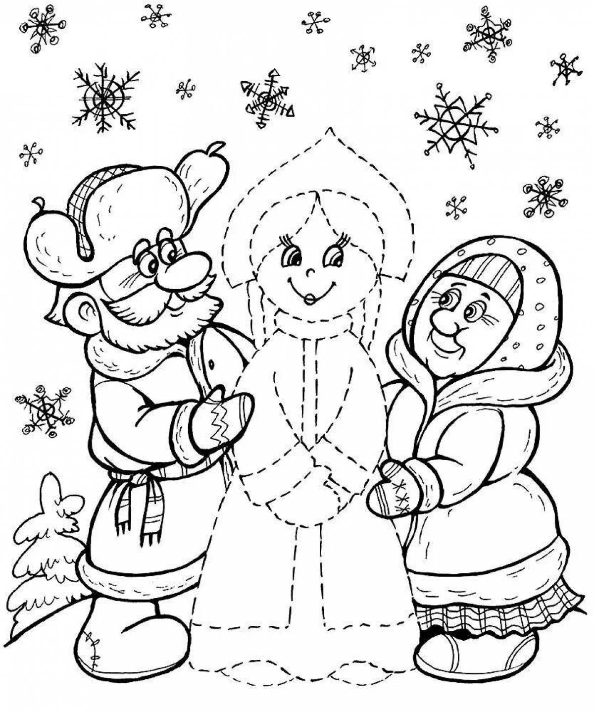 Lovely coloring snowman and fox