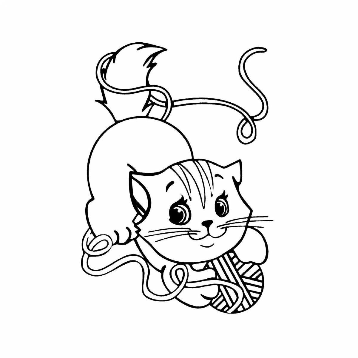 Coloring book frolicking kitten with a ball