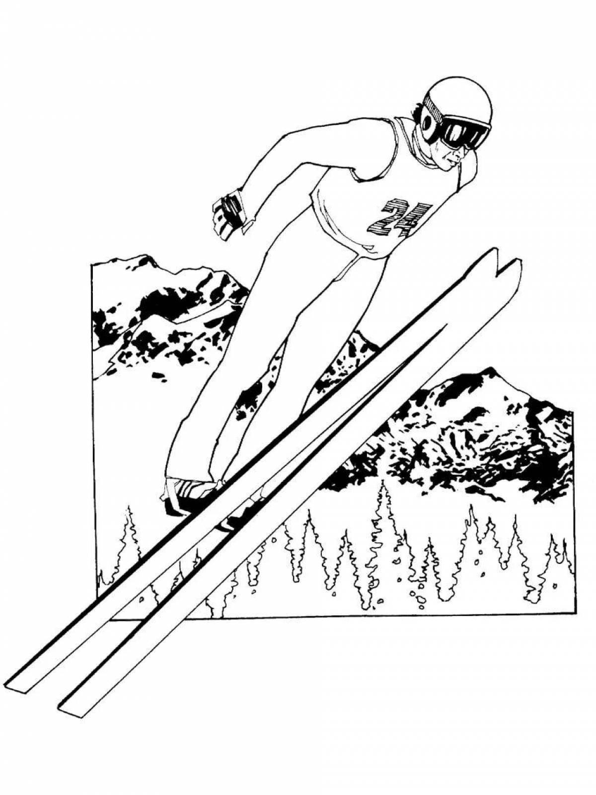 Coloring page energetic skiing