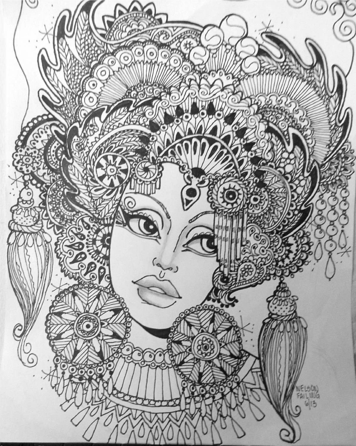 Radiant coloring page antistress black pen