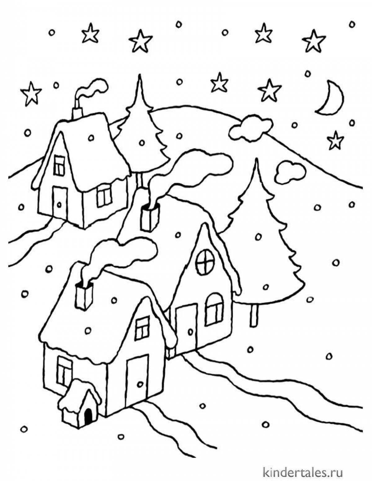 Раскраска снежная зимняя деревня