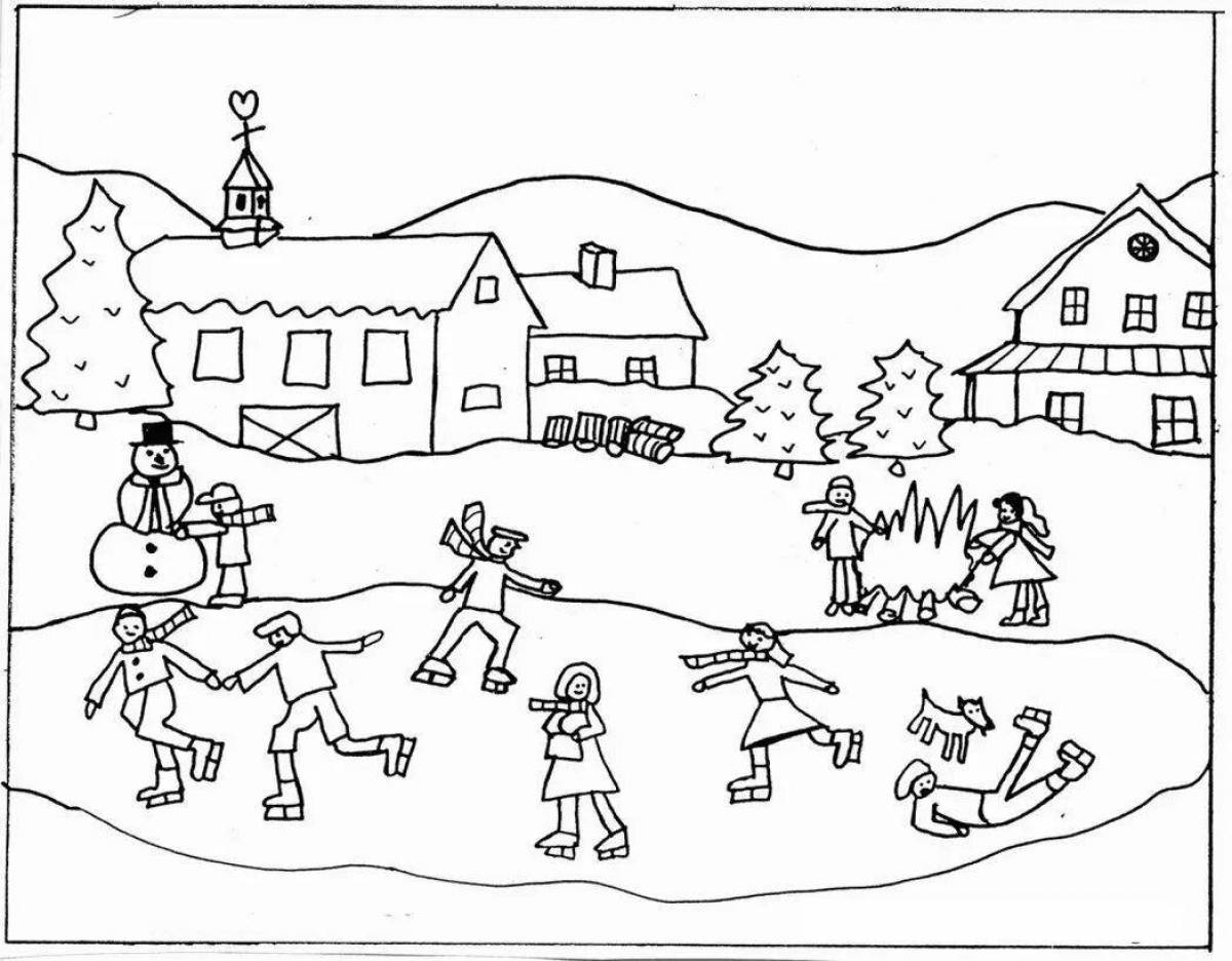 Glowing winter village coloring page