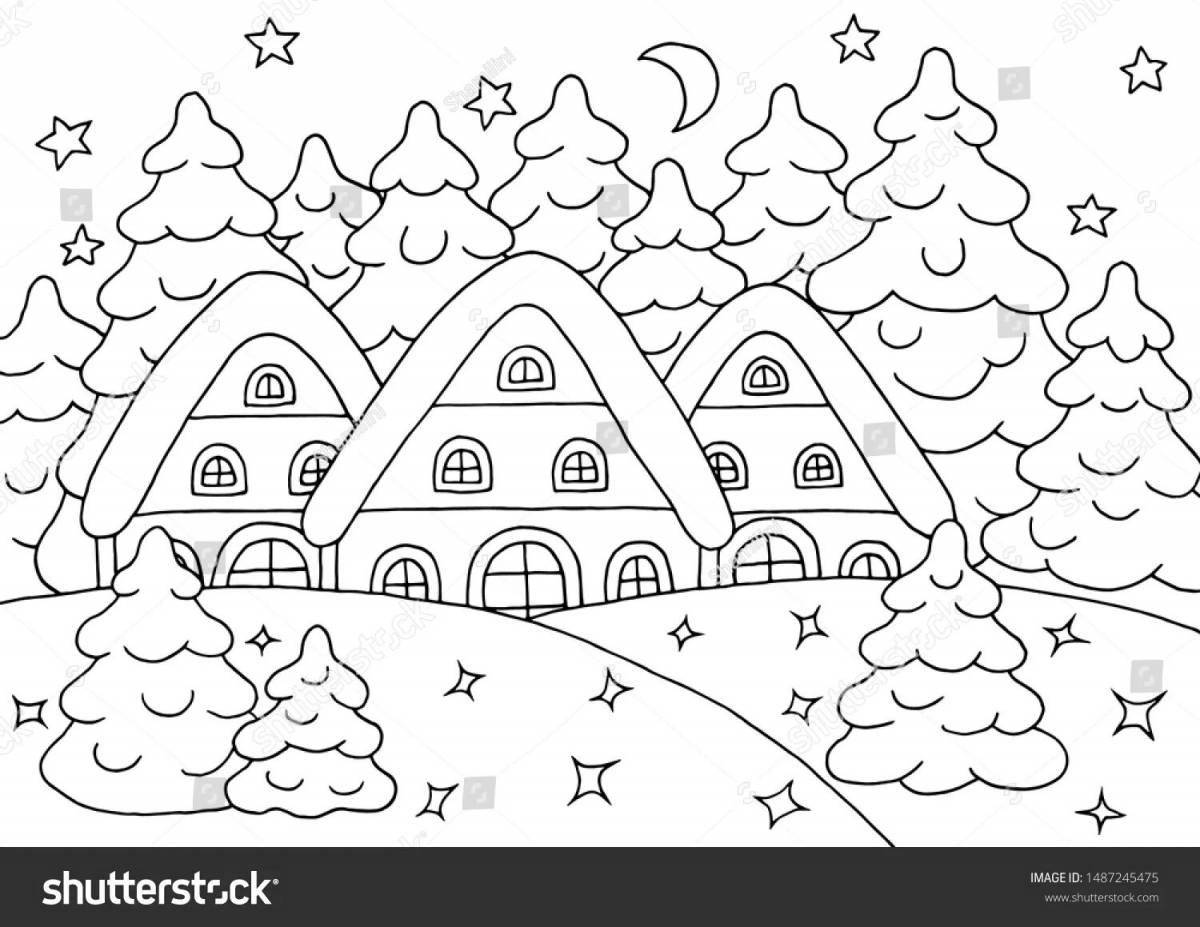Glittering winter village coloring page