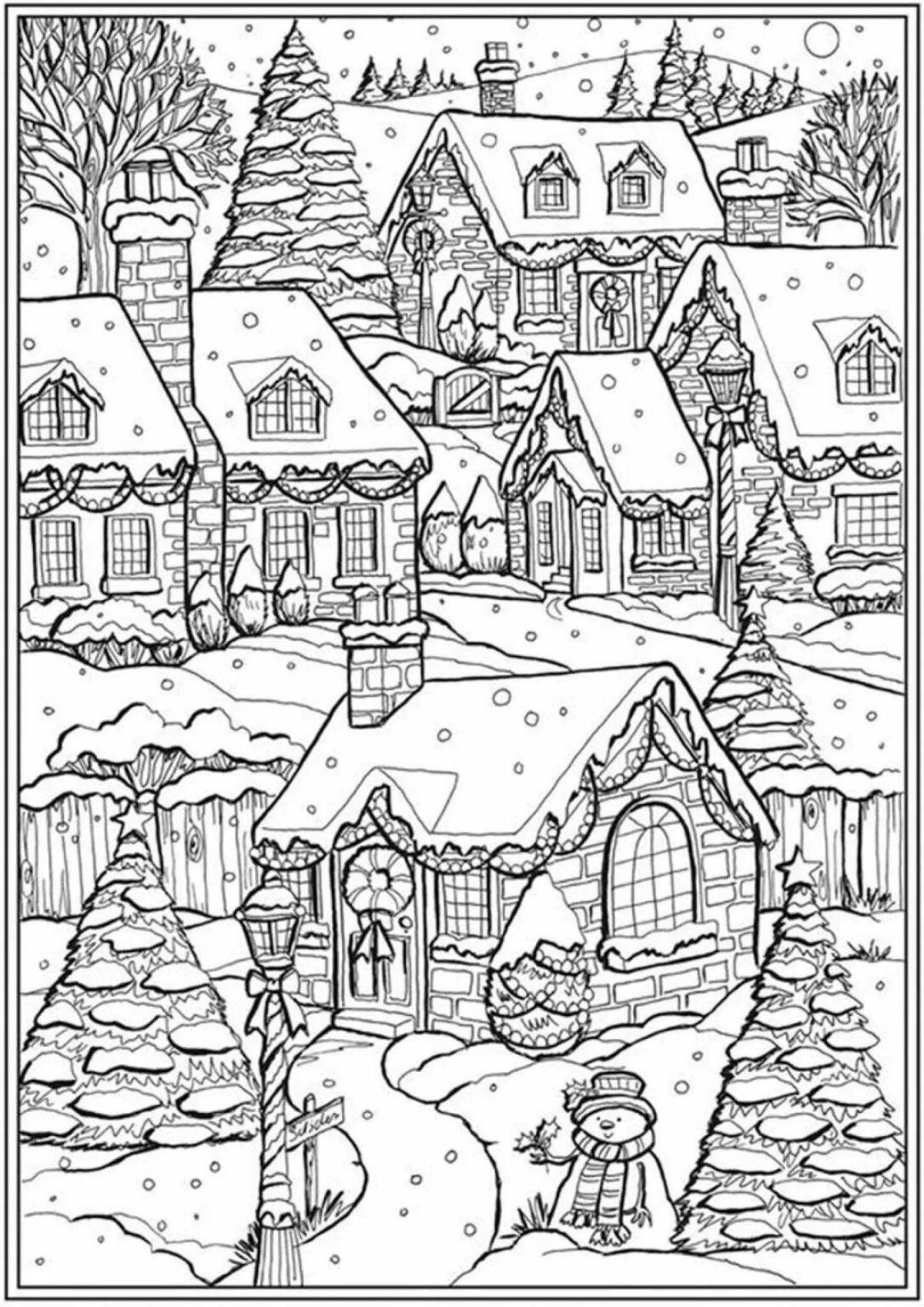 Colouring bright winter village