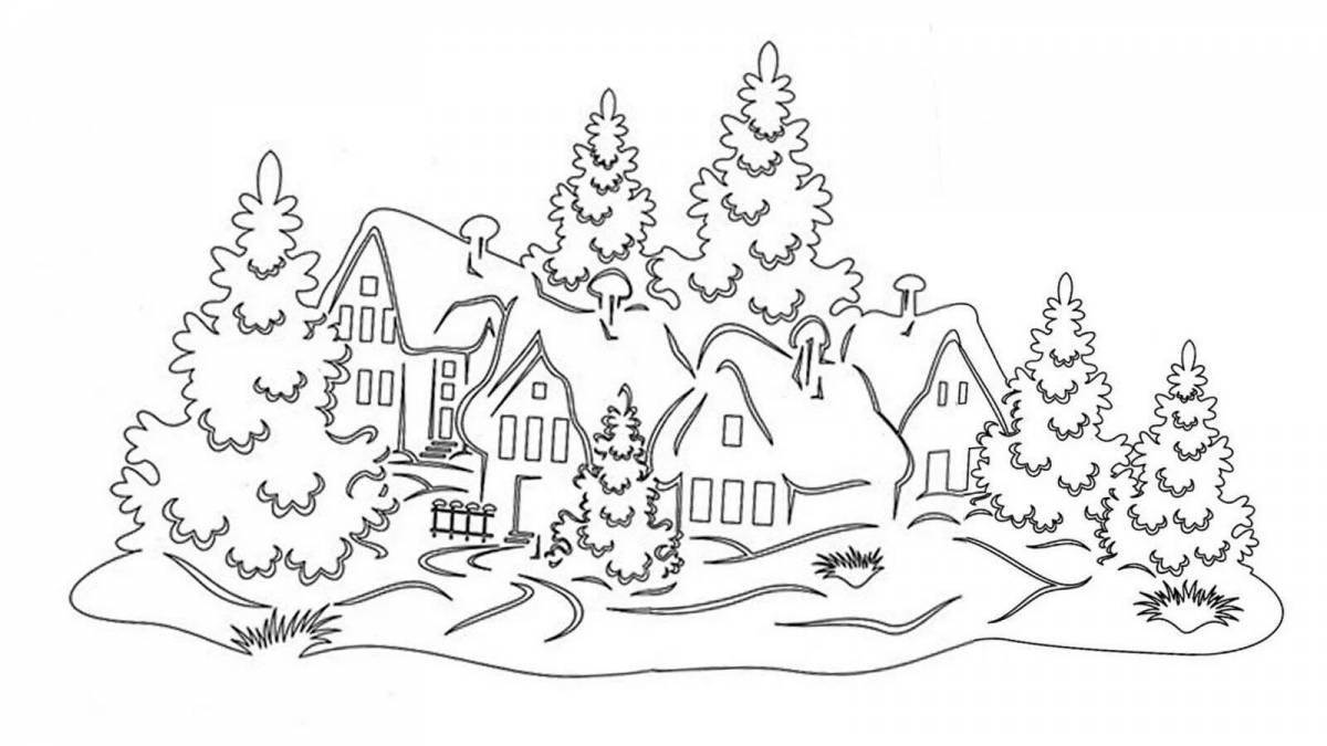 Раскраска туманная зимняя деревня