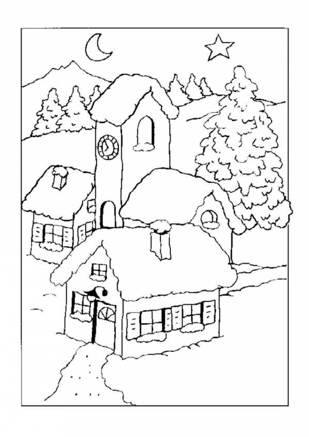 Sky winter village coloring page