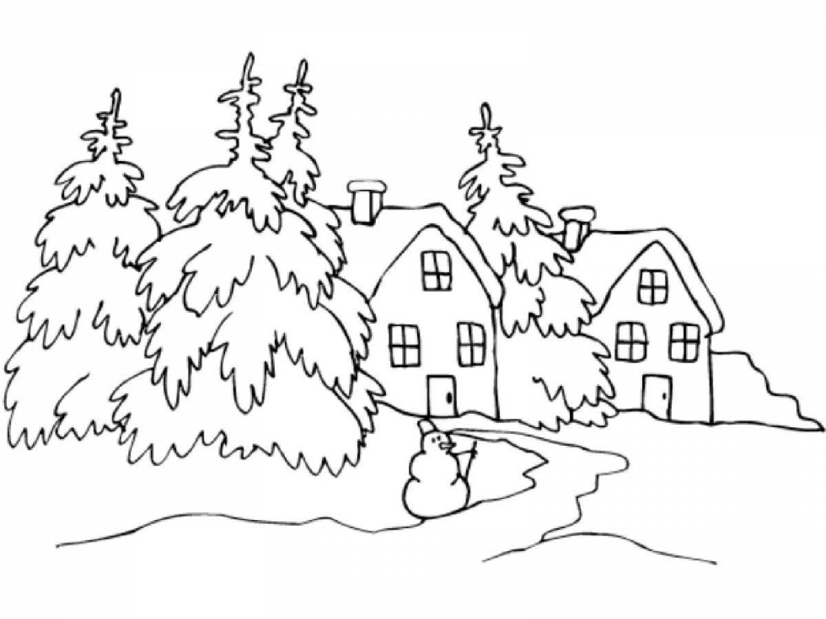 Раскраска мерцающая зимняя деревня