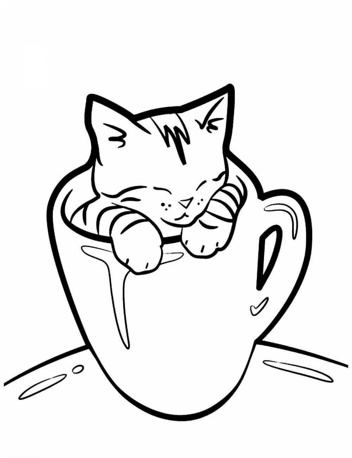 Раскраска милый кот в чашке