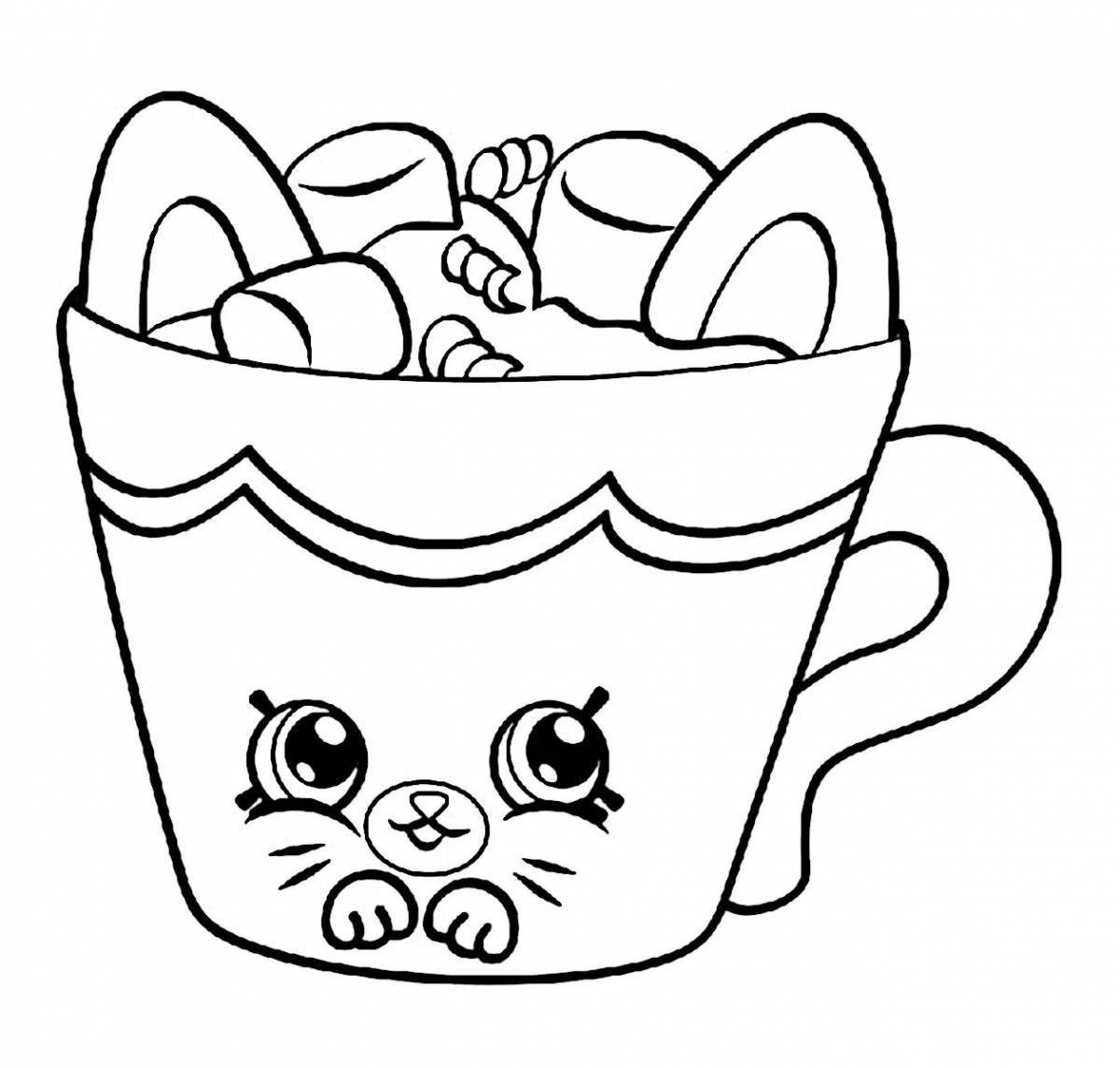Coloring page napping cat in a cup