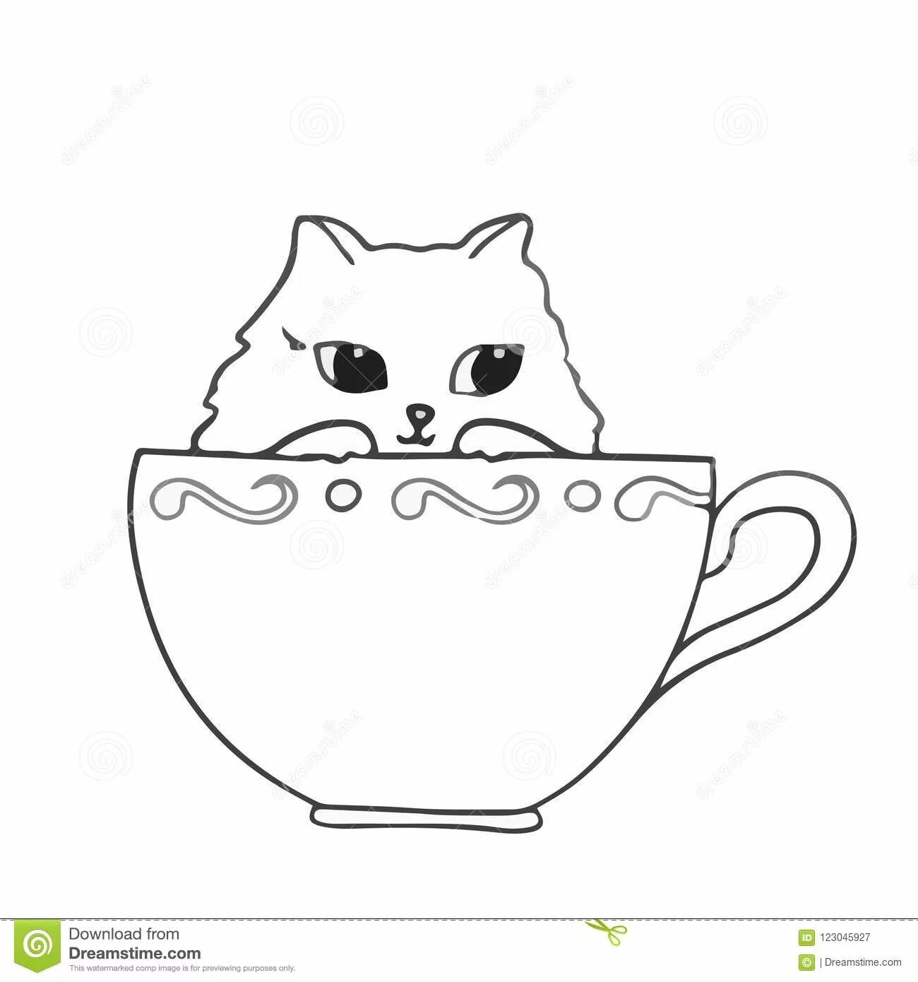Cautious cat in a cup coloring page