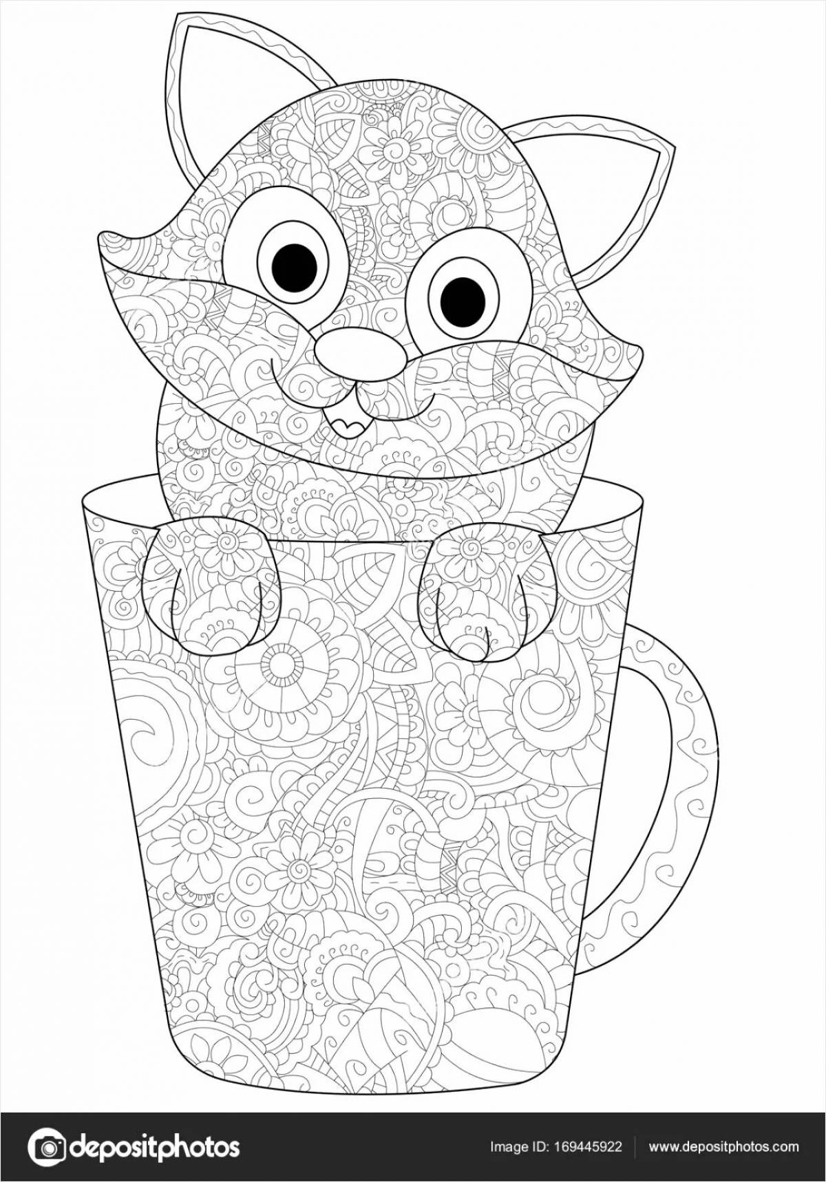 Frightened cat in a cup coloring page