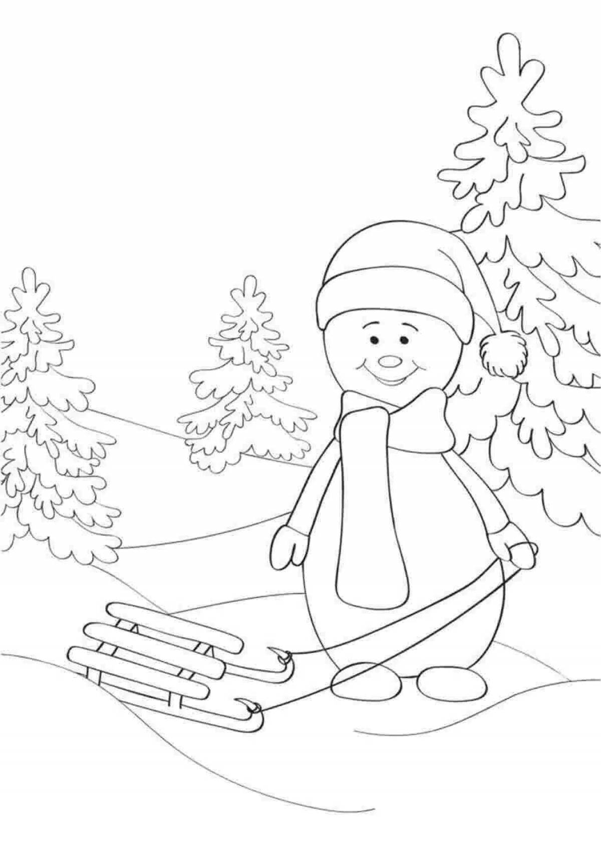 Coloring page of a joyful snowman on a sled