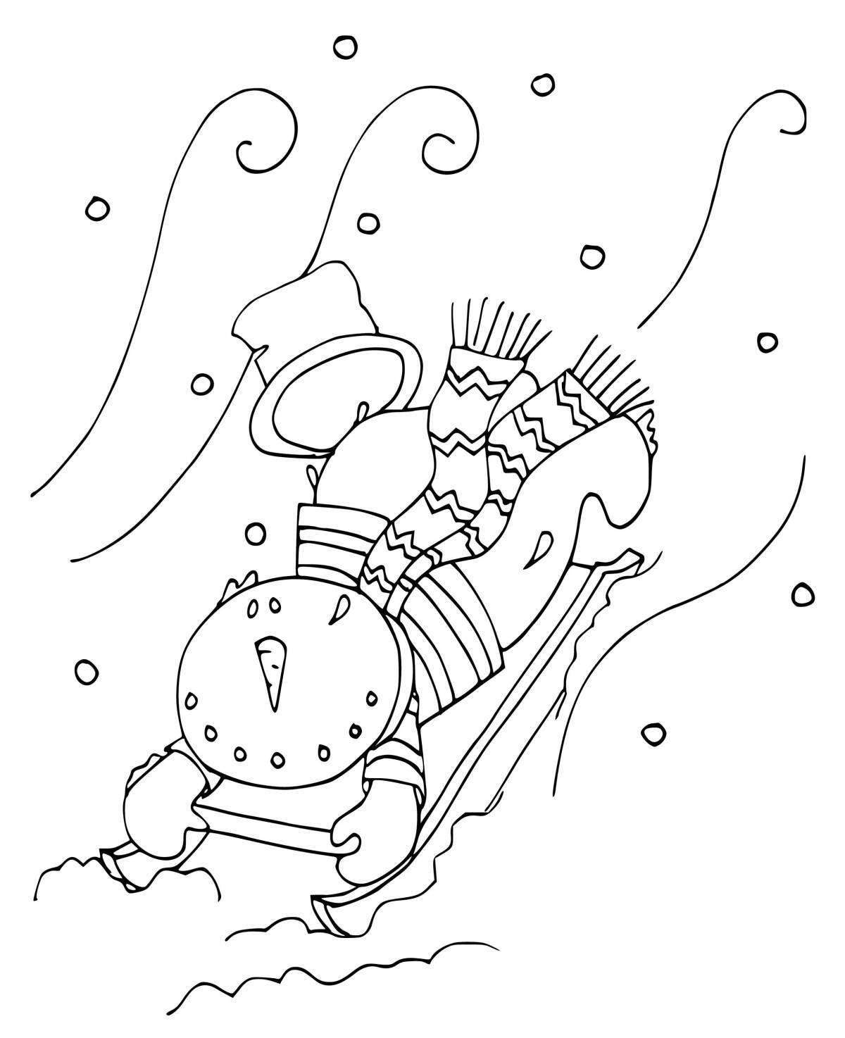 Раскраска праздничный снеговик на санях