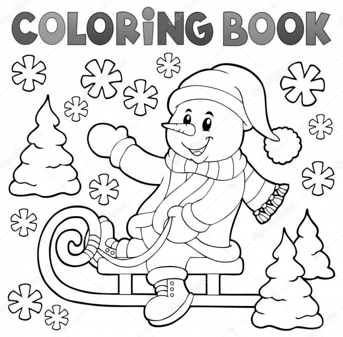 Coloring page of a cheerful snowman on a sled