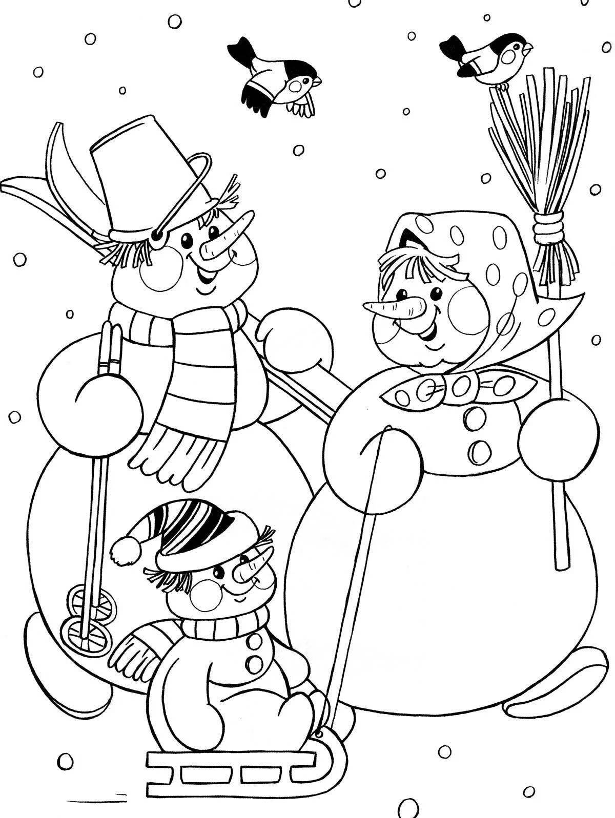 Coloring book bright snowman on a sleigh