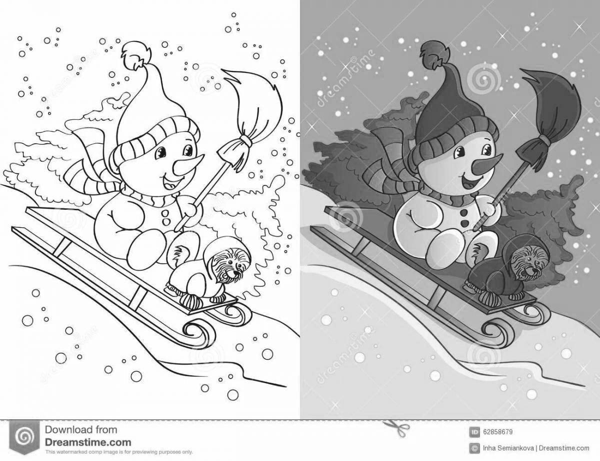 Coloring book snowman on a sleigh