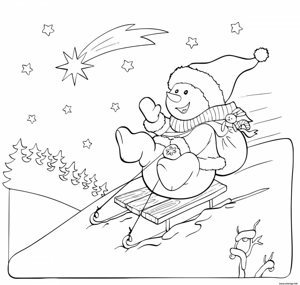Coloring book bright snowman on a sled