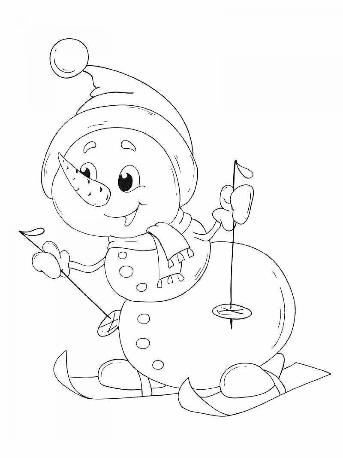 Adorable snowman on sled coloring page