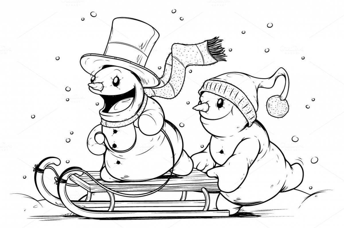 Rampant snowman on sleigh coloring page