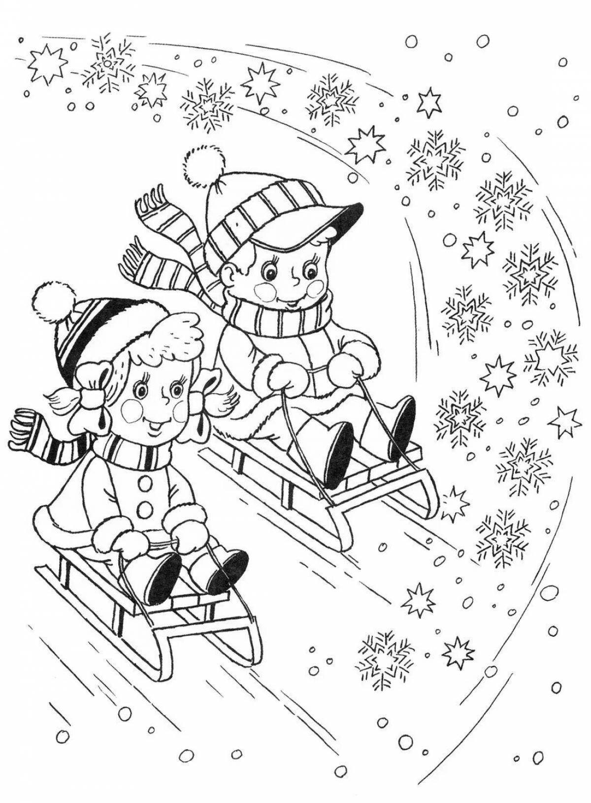 Coloring page funny snowman on a sled