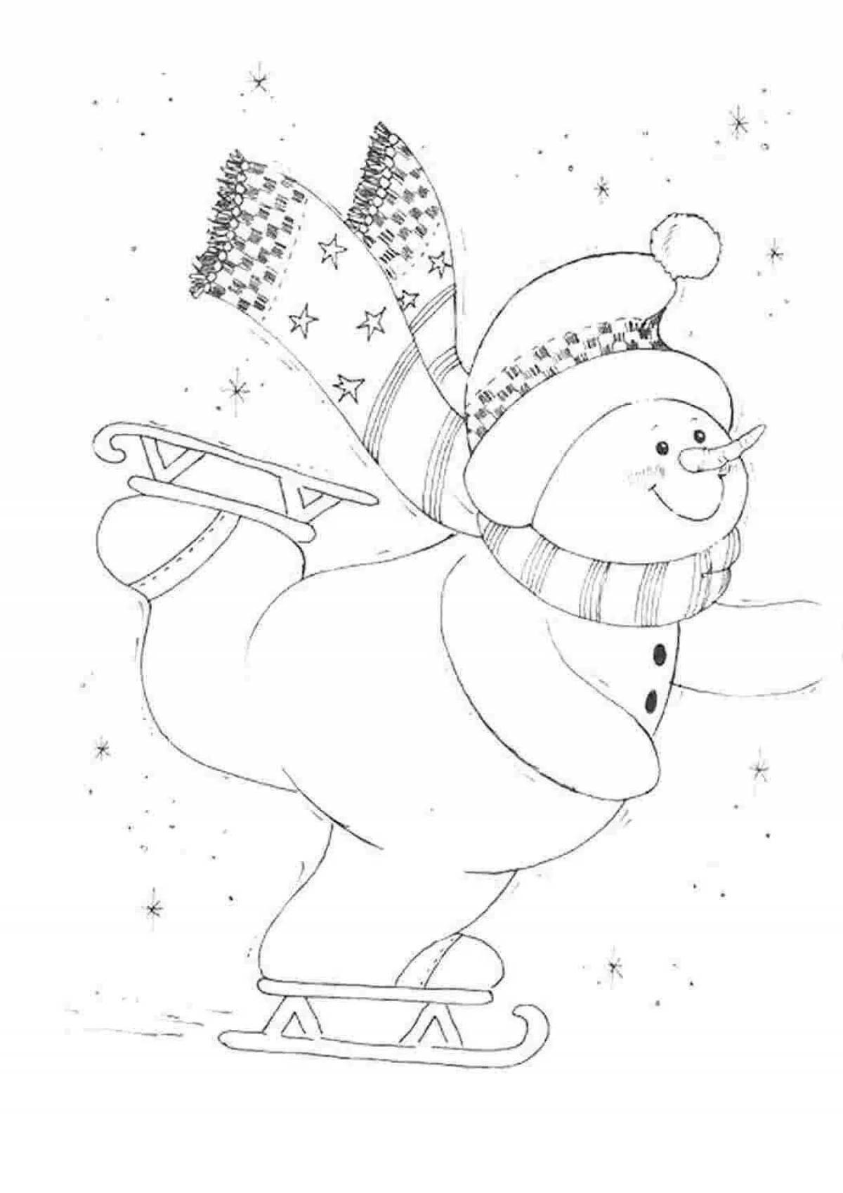 Cheerful snowman on a sleigh coloring book