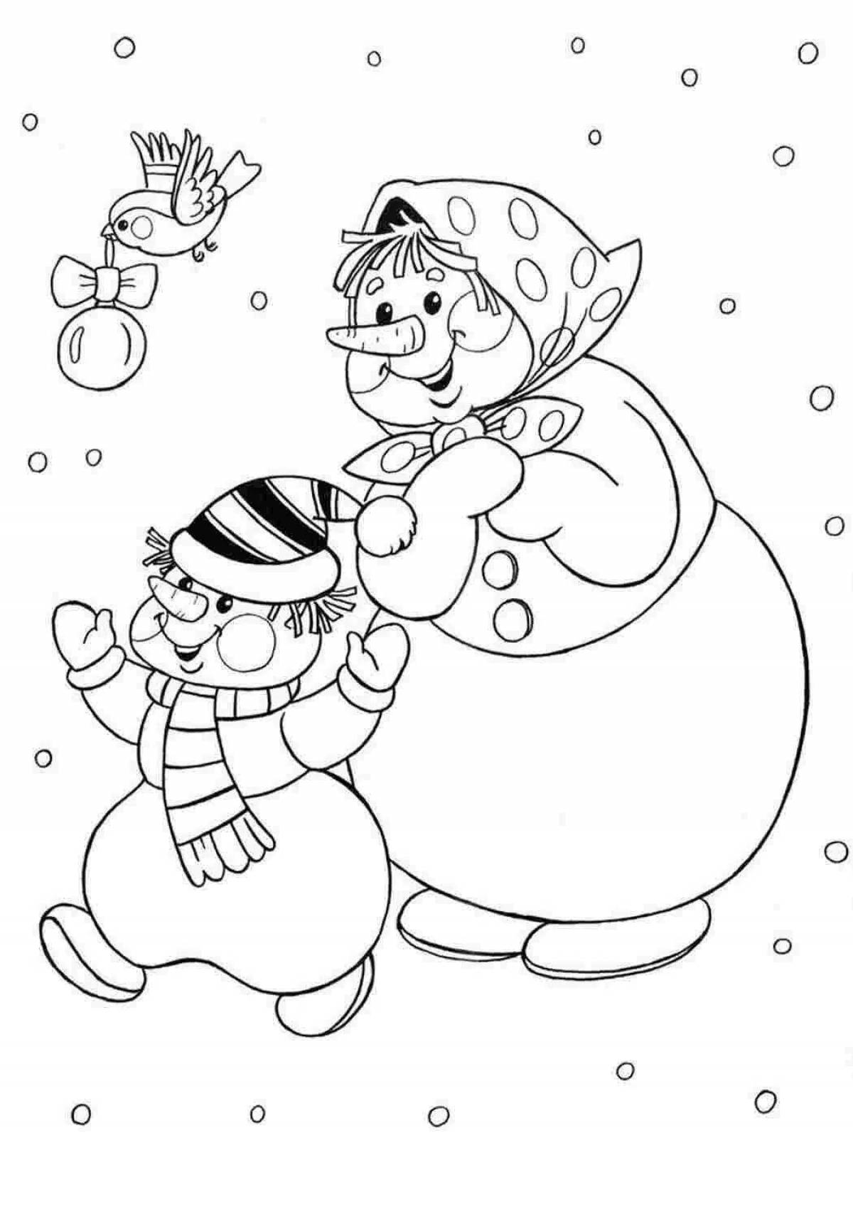 Coloring book sparkling snowman on a sled