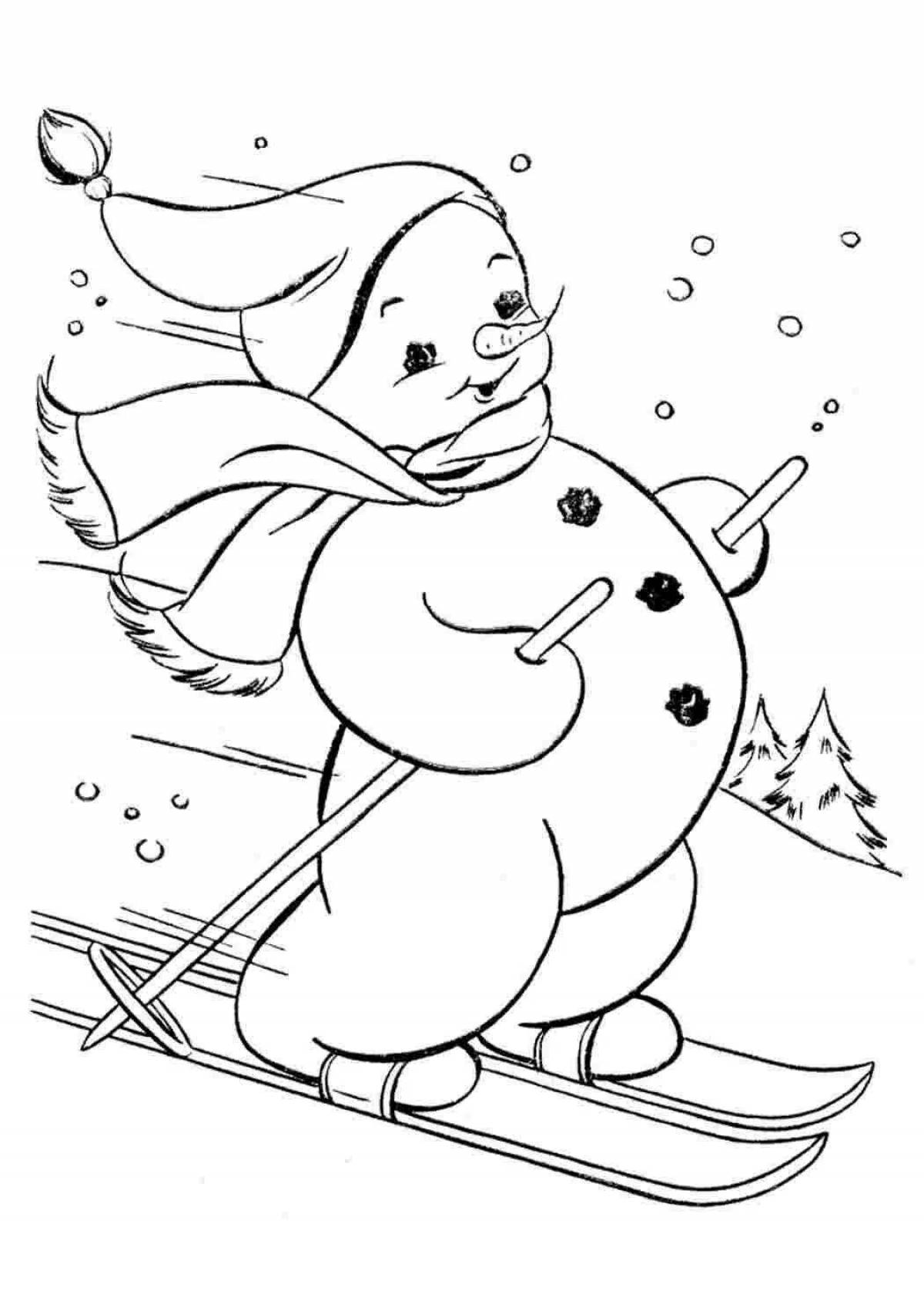 Coloring book shining snowman on a sleigh
