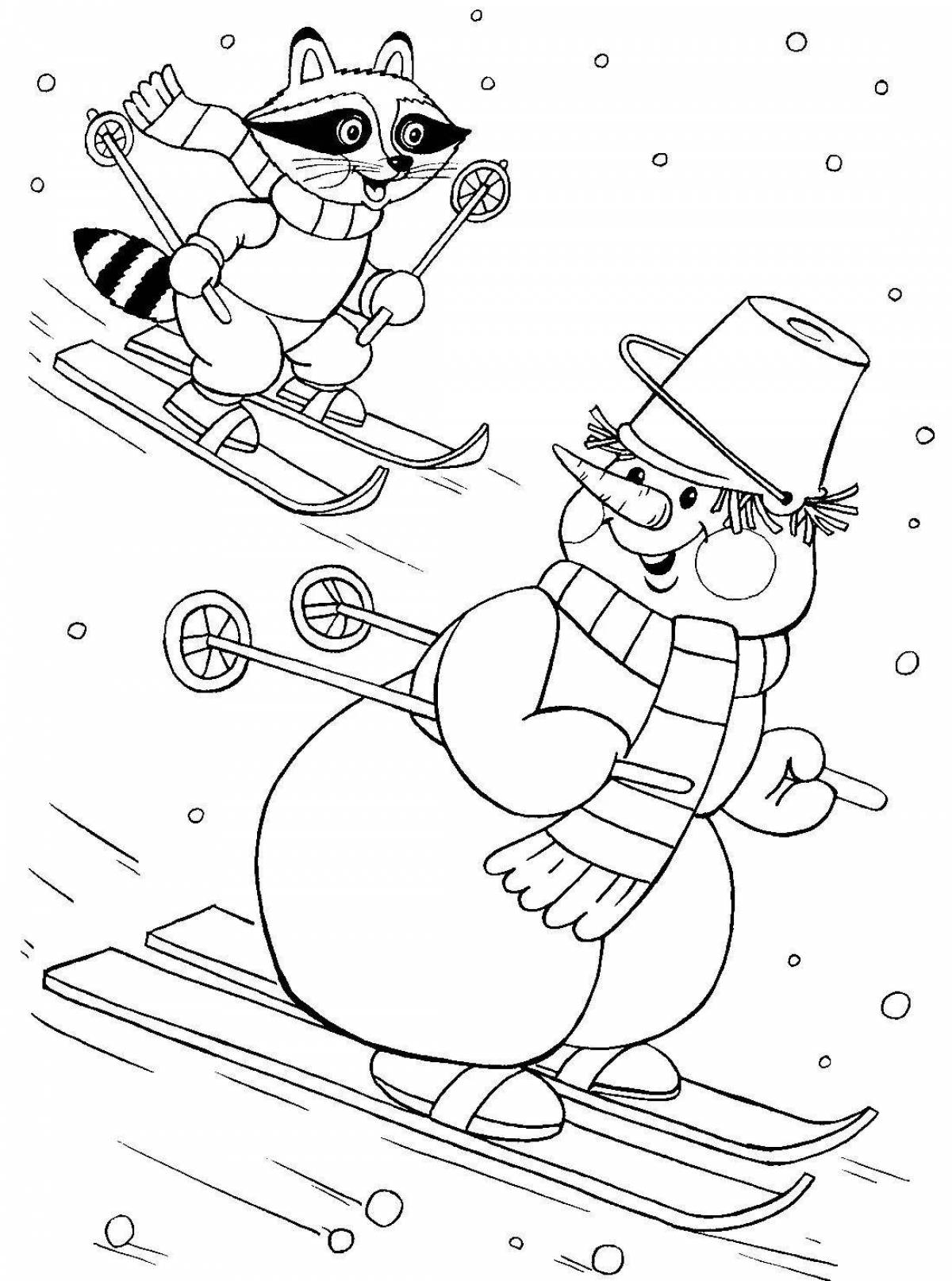 Coloring page shimmering snowman on a sled