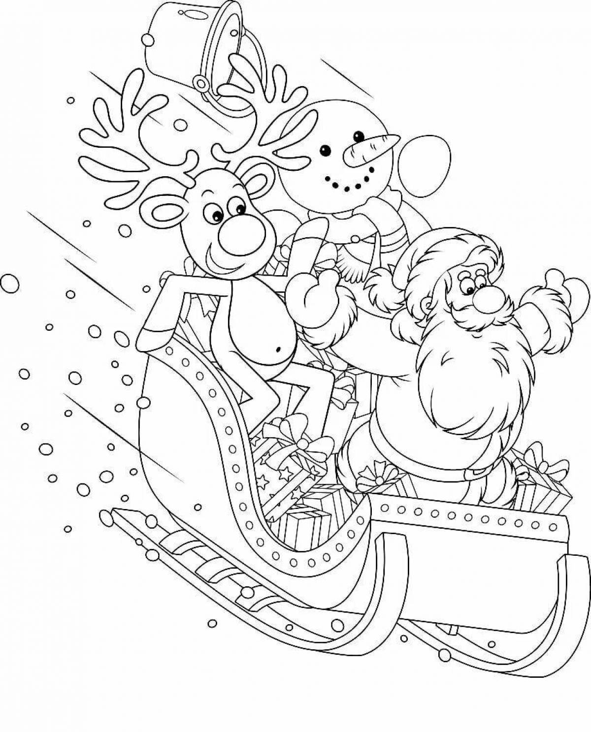 Coloring page of a jubilant snowman on a sleigh