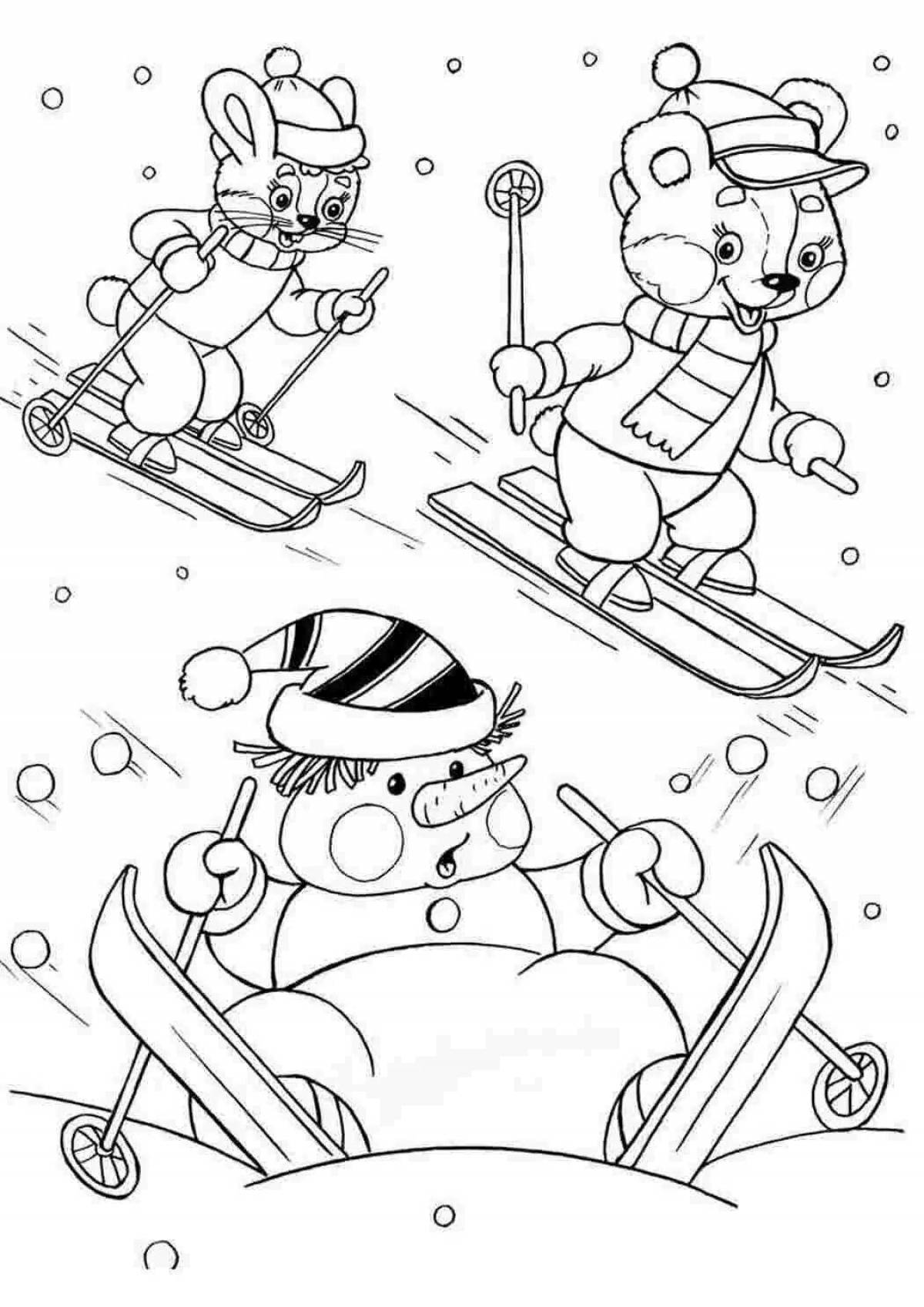 Coloring page happy snowman on sled