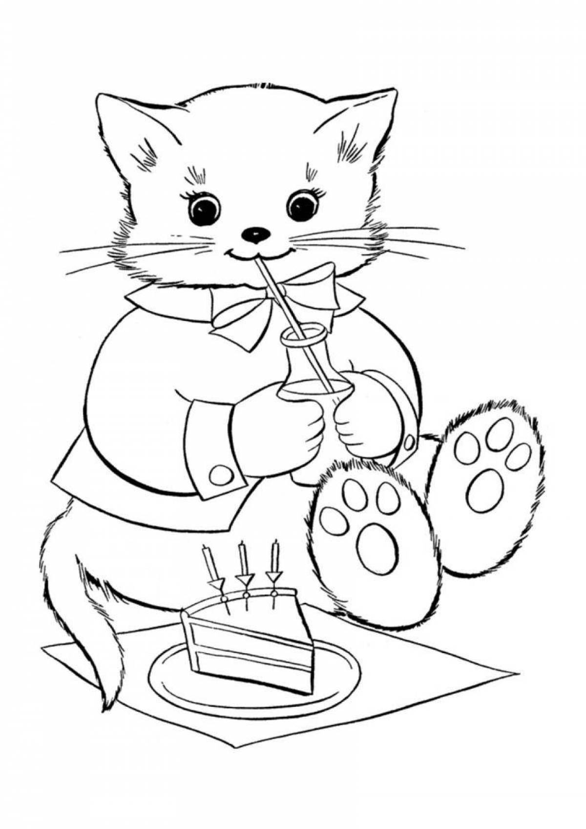 Coloring page playful cat drinking milk