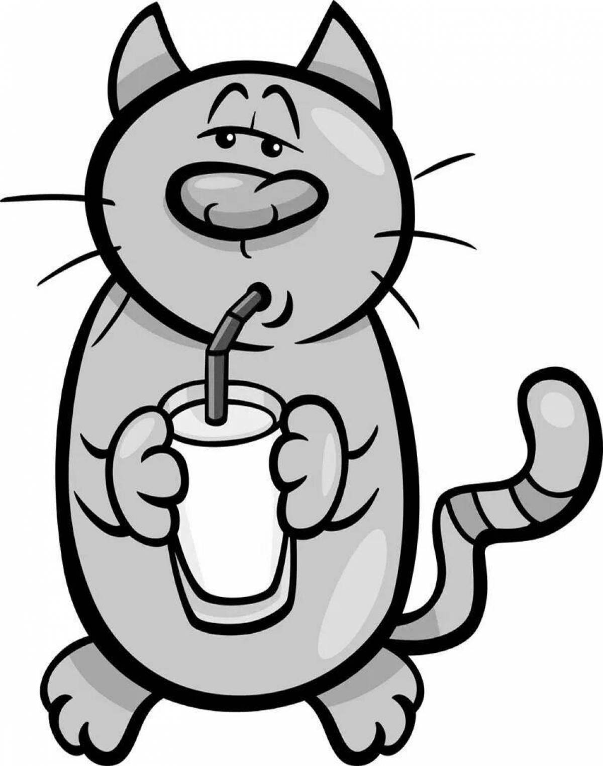 Раскраска восхитительный кот, пьющий молоко