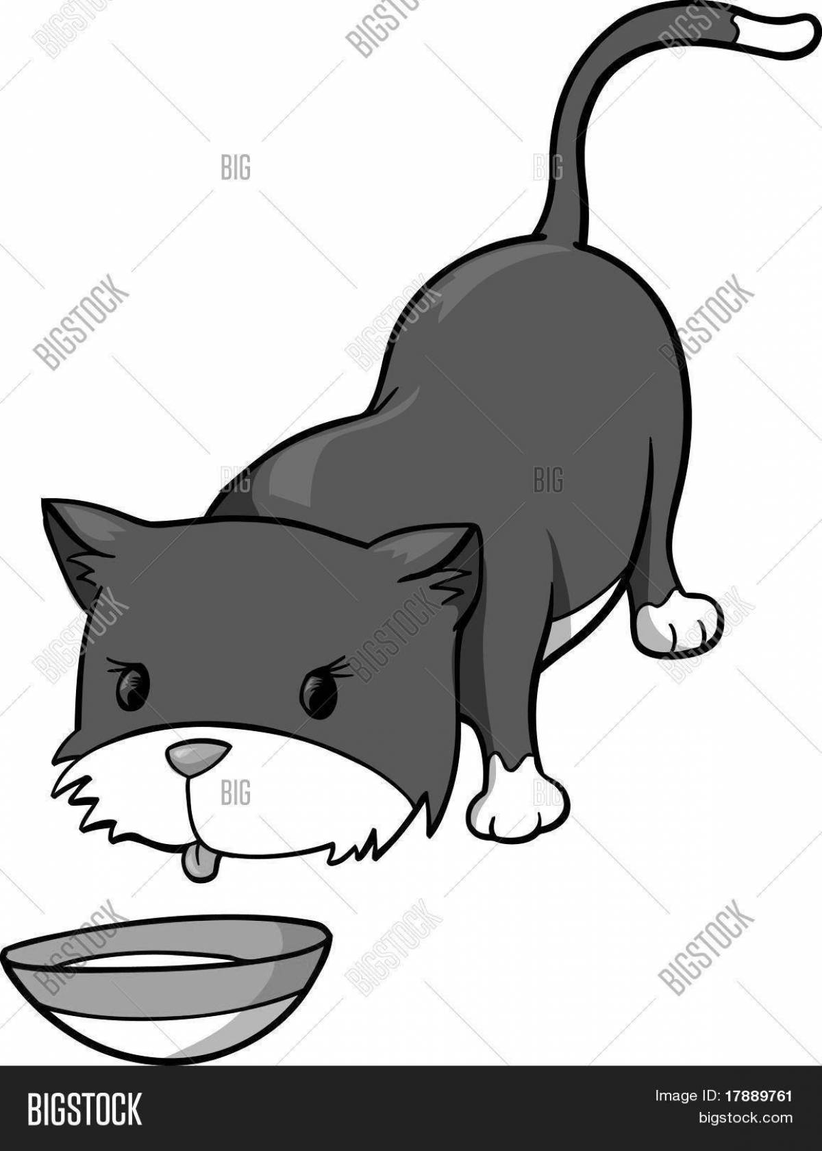 Coloring book animated cat drinking milk
