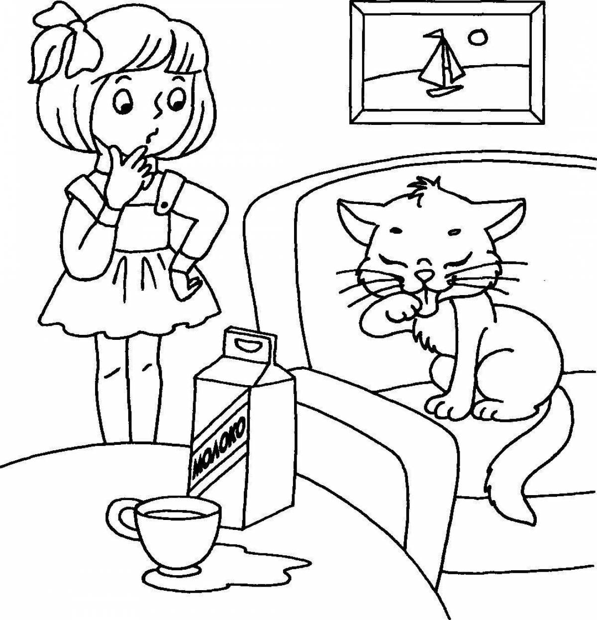 Coloring page excited cat drinking milk