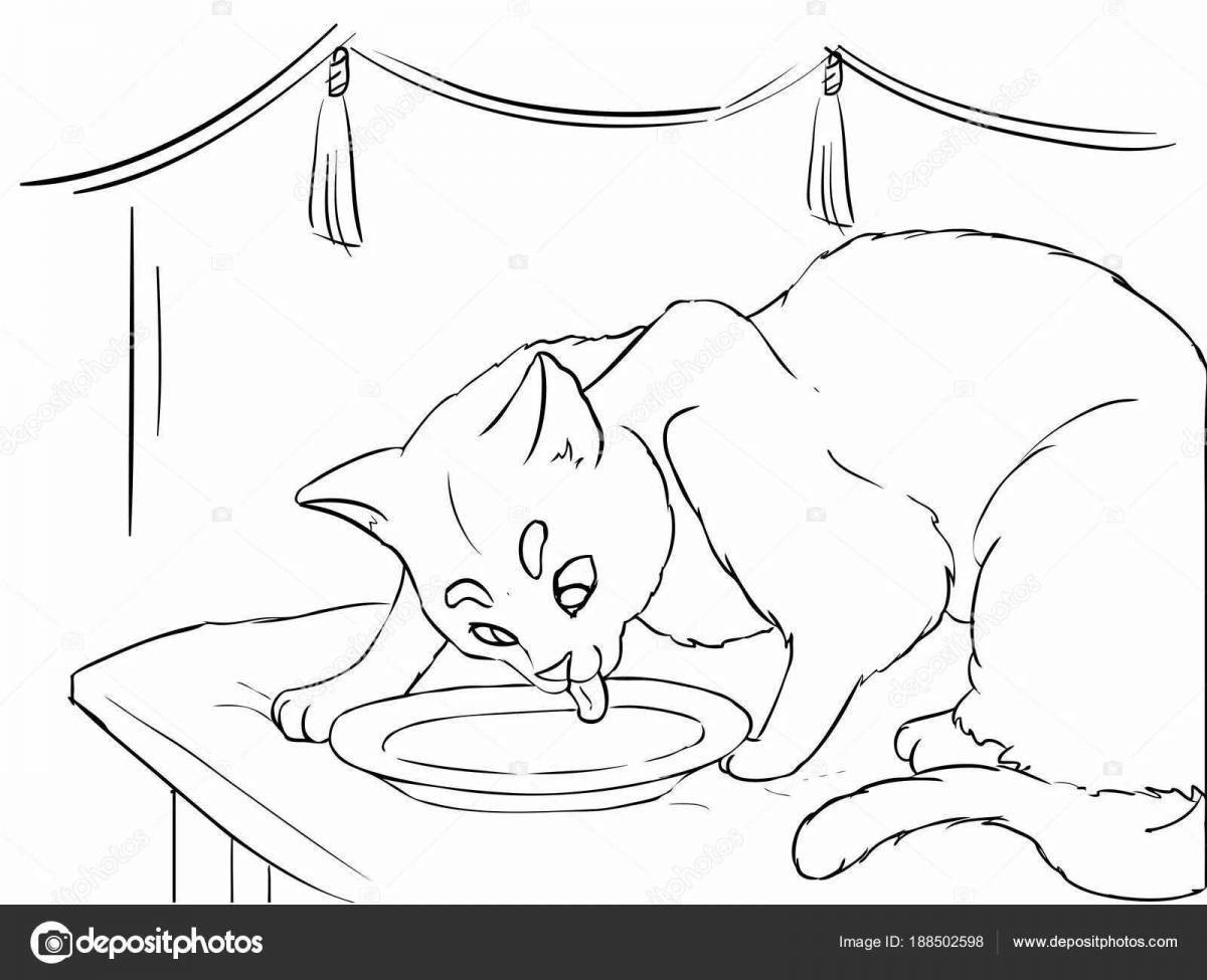 Colouring peaceful cat drinking milk