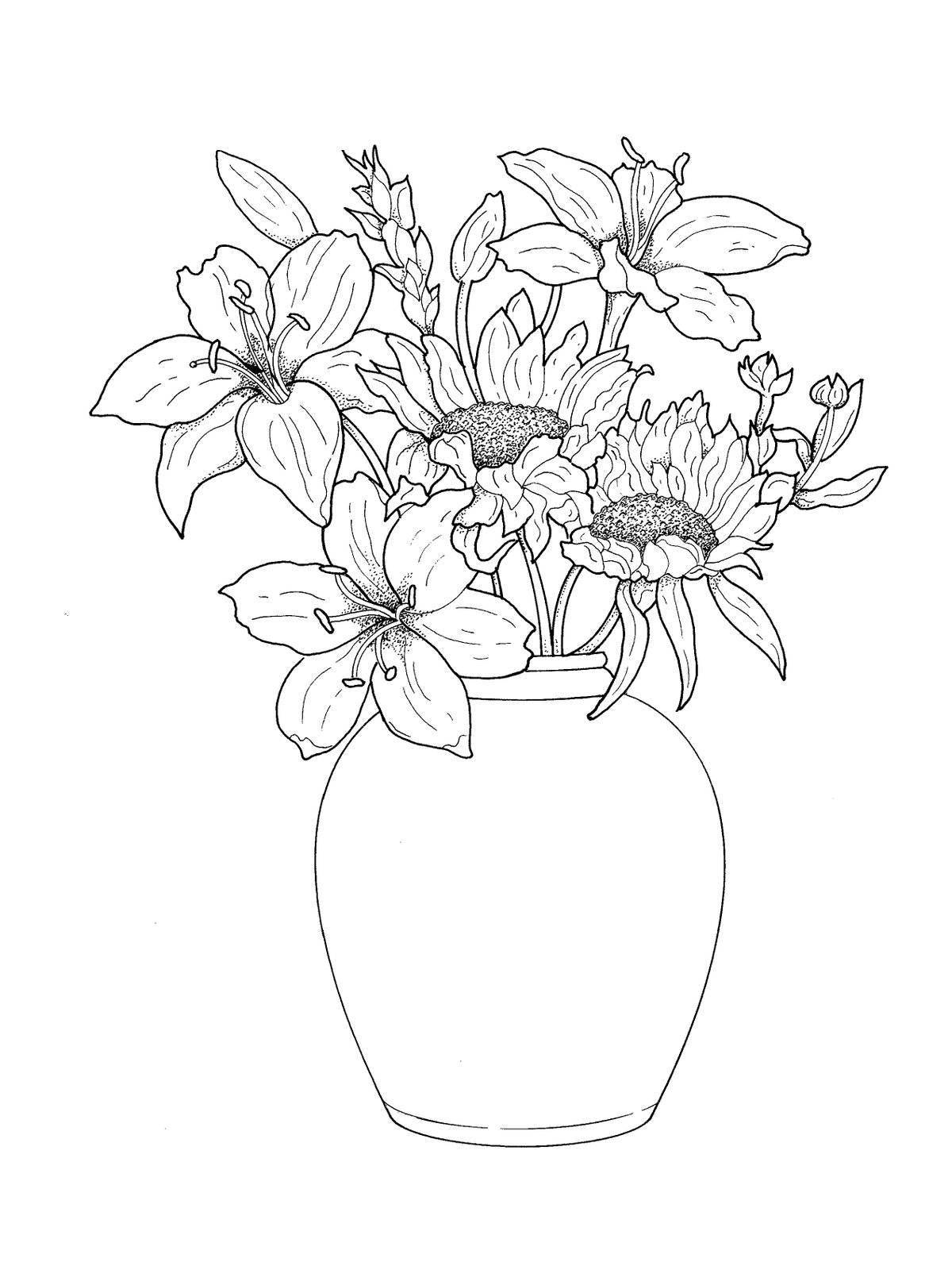 Coloring book joyful bouquet in a vase