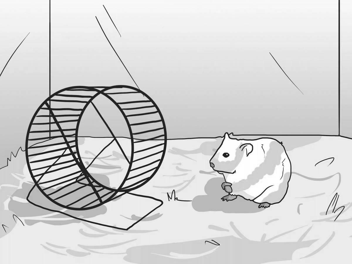 Coloring page playful hamster in a cage