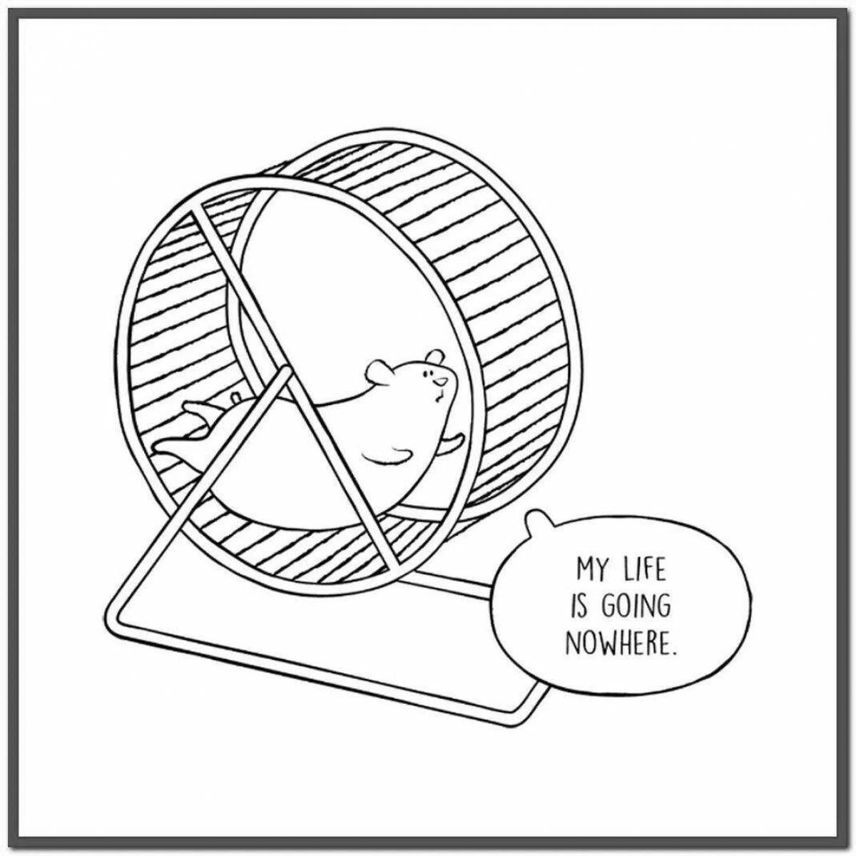 Coloring page busy hamster in a cage