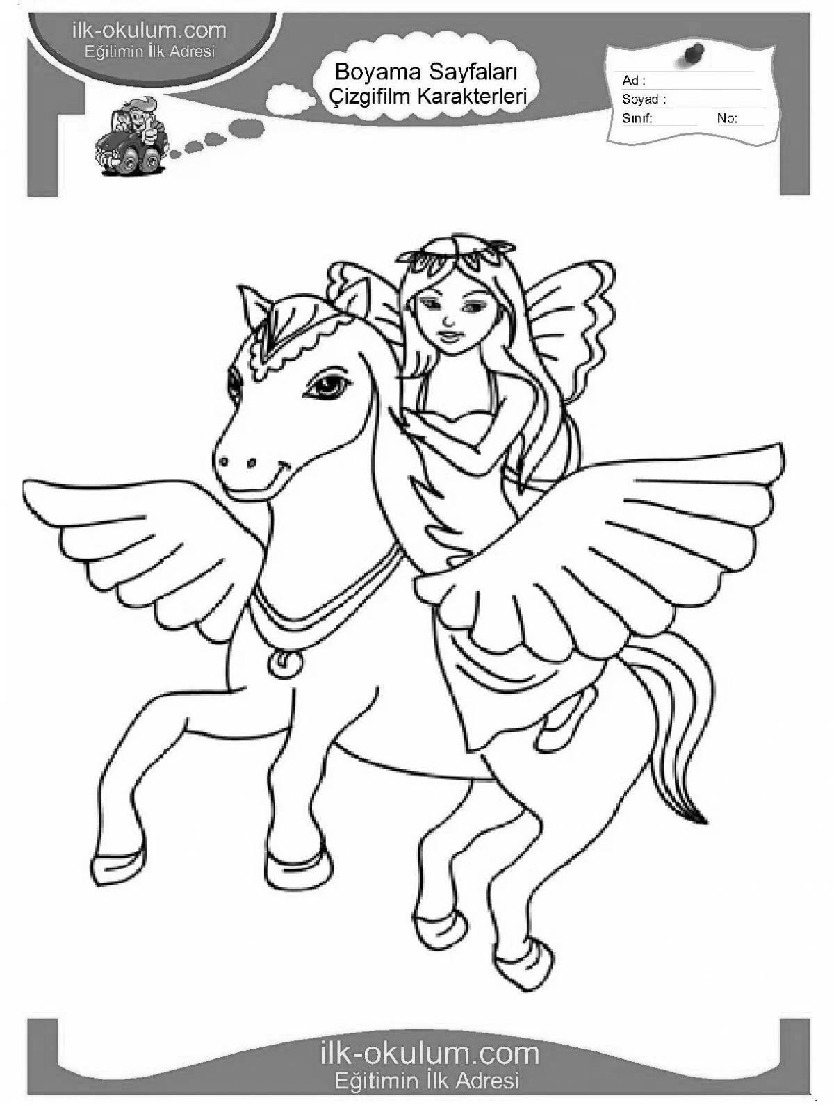 Coloring page gorgeous barbie on a horse