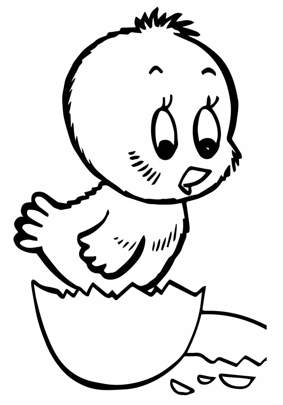 Coloring page playful chicken in shell