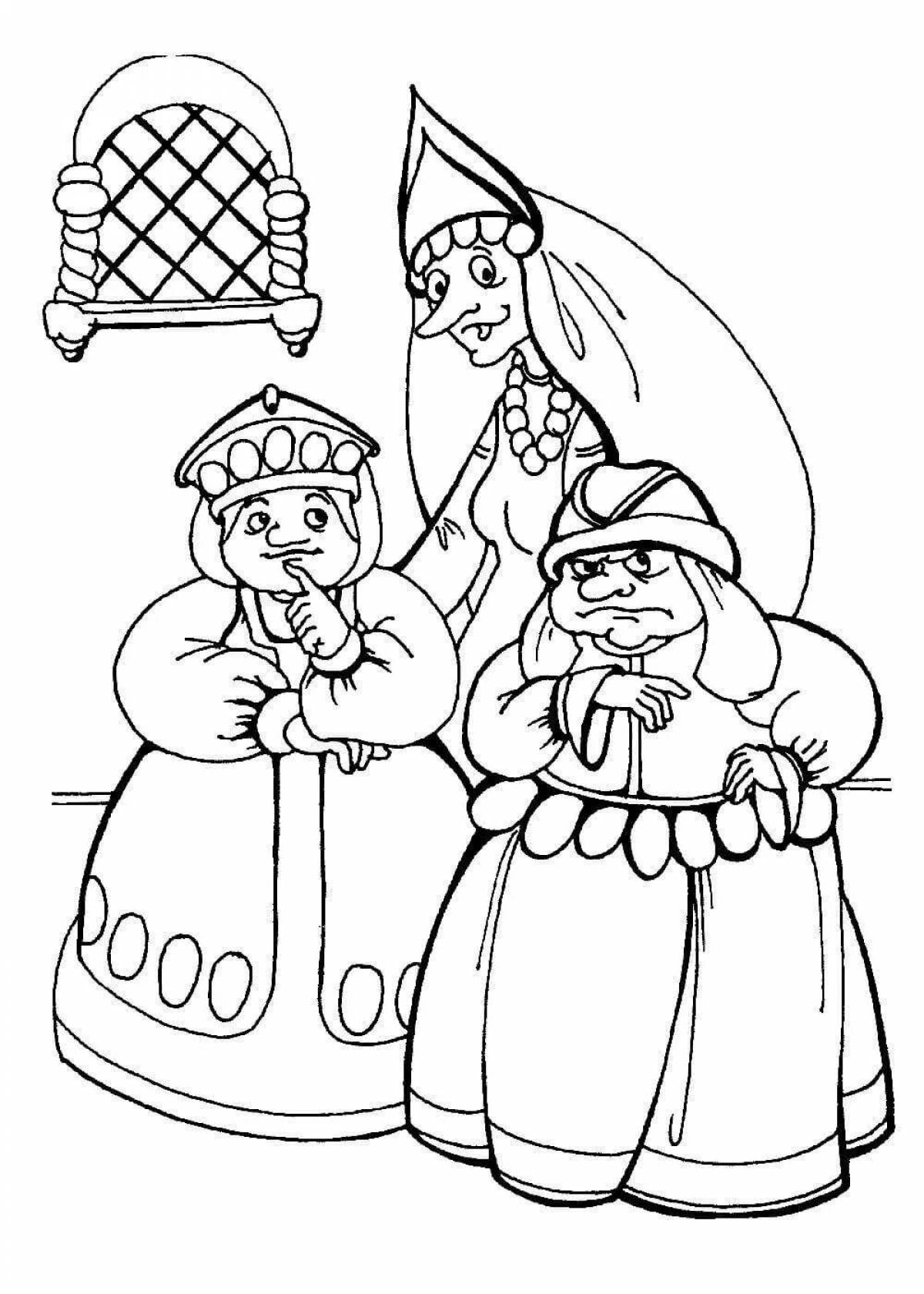 Playful coloring book based on Pushkin's fairy tales for children 5-6 years old
