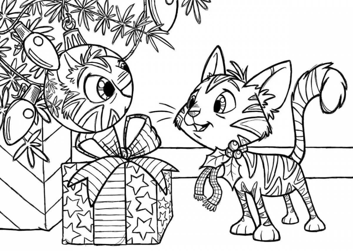 Christmas coloring book glowing cat